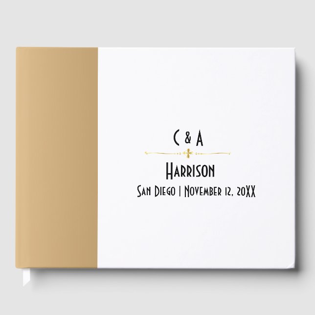 Einfache Glam-Gold- und Weißpaare Mit Monogramm Gästebuch (Vorderseite)