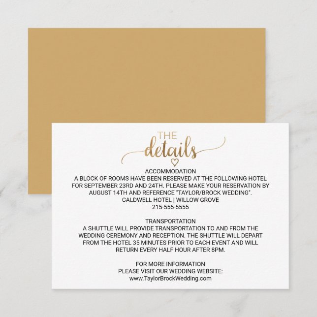 Einfache Gold Calligraphy Wedding Details Card Begleitkarte (Vorne/Hinten)