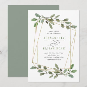 Einfache Gold Geometrie und Grünflächen  Hochzeit Einladung