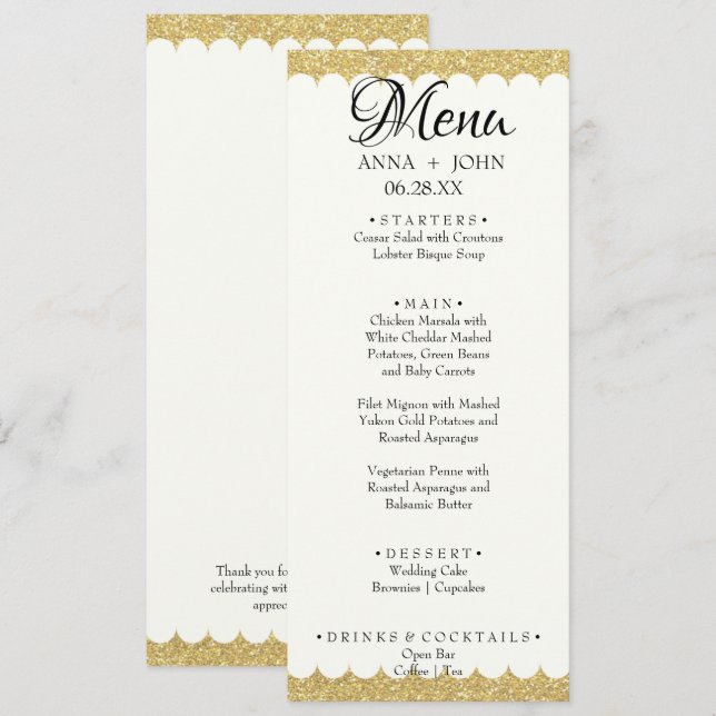 Einfache Gold Glitzer Name Datum Hochzeitsessen hi Menükarte (Vorne/Hinten)