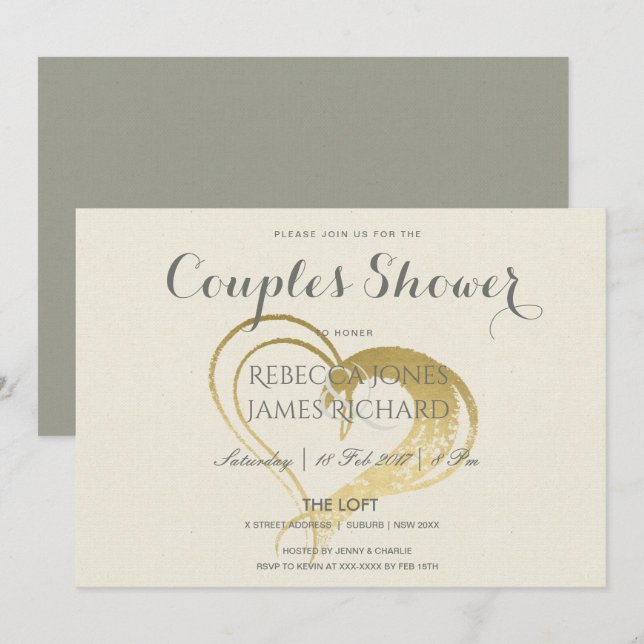 EINFACHE GOLD HERZTYPOGRAFIE-KUPPLUNGEN-DUSCHE EINLADUNG (Vorne/Hinten)