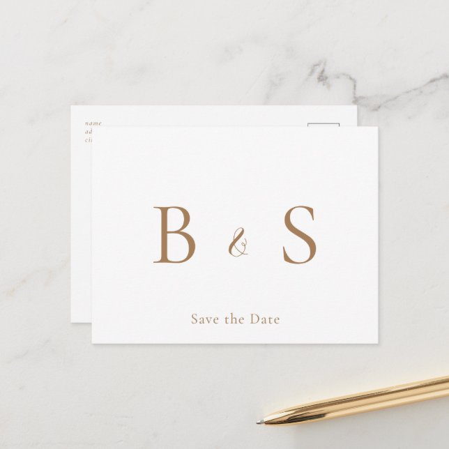 Einfache Gold Monogram Foliage Wedding Save the Da Ankündigungspostkarte (Vorderseite/Rückseite Beispiel)