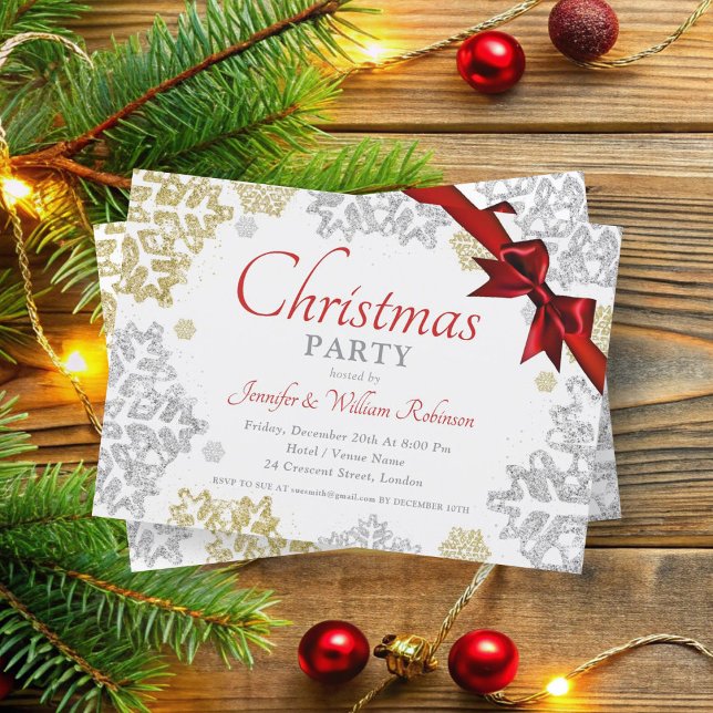 Einfache Gold & Silber Schneeflocken Weihnachten Einladung (Simple Gold & Silver Snowflakes Xmas Holiday Invitation)