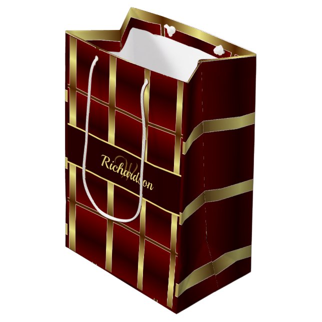 Einfache Gold- und Burgundy-Prüfung Mit Monogramm Mittlere Geschenktüte (Vorderseite Schrägansicht)