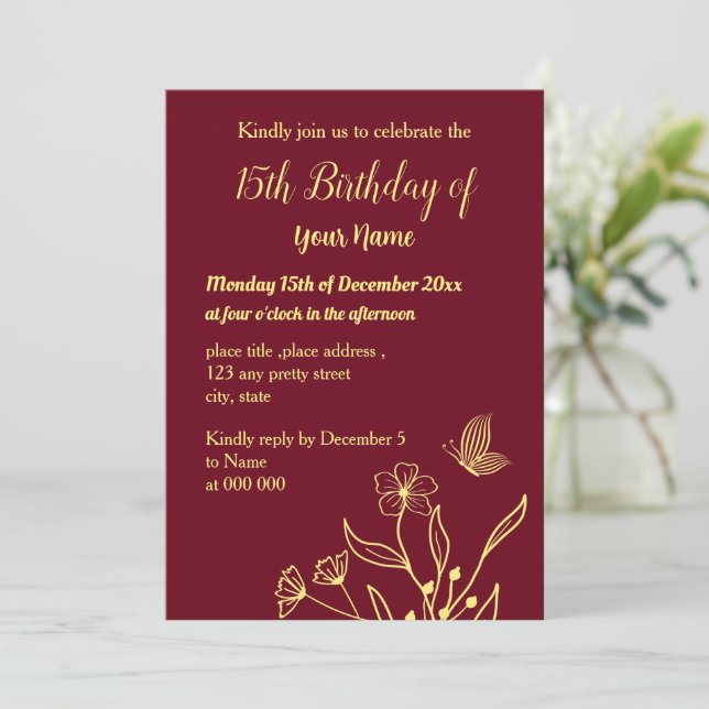 Einfache Goldbutterfische Bordeaux-Geburtstag Einladung (Stehend Vorderseite)