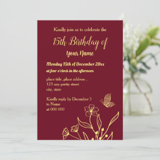 Einfache Goldbutterfische Bordeaux-Geburtstag Einladung