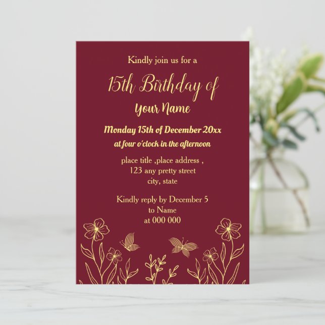 Einfache Goldbutterfische Bordeaux-Geburtstag Einladung (Stehend Vorderseite)