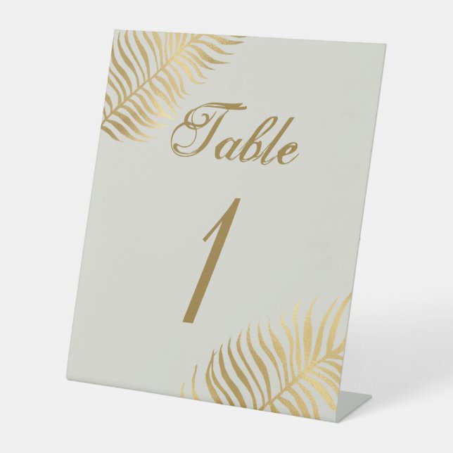 Einfache Golden Tropical Blätter Hochzeit Tischnum Sockelschild (Vorderseite)