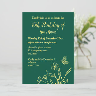 Einfache goldene Blume smaragdgrüner Geburtstag Einladung