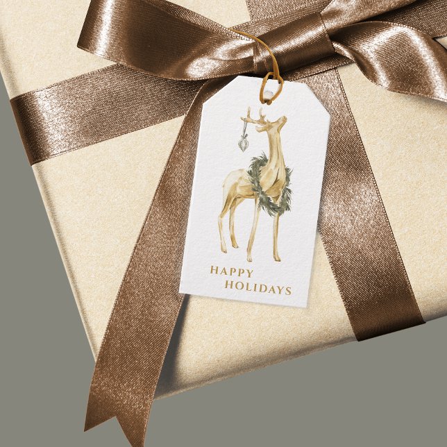 Einfache Goldhirsche mit Kranz und Zierpflanzen Geschenkanhänger (Holiday gift tags with rustic elegance.)