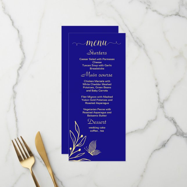 Einfache Goldhochzeit, königsblau, Blume Menükarte (Vorderseite/Rückseite Beispiel)