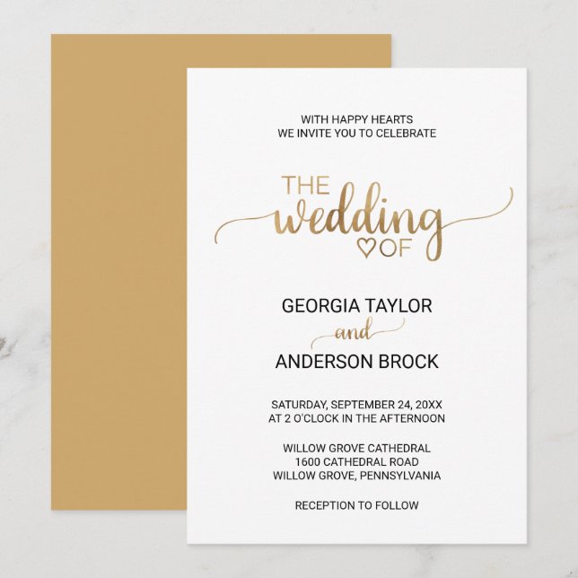 Einfache Goldkalligrafie-Hochzeit Einladung (Vorne/Hinten)