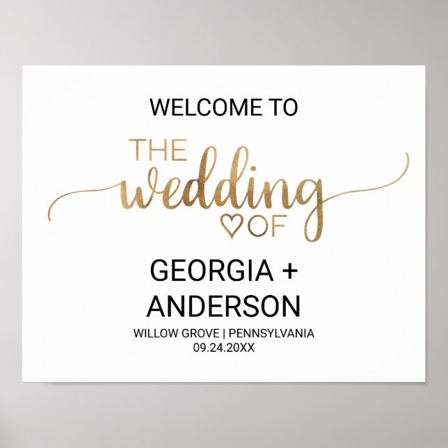 Einfache Goldkalligrafie-Hochzeit Willkommen Poster (Vorne)
