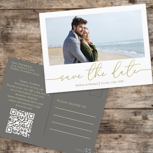 Einfache Goldkalligrafie Modernes Foto QR-Code Postkarte (Von Creator hochgeladen)