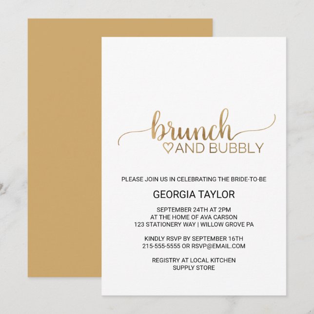 Einfache Goldkalligraphie-Brunch und Bubbly Einladung (Vorne/Hinten)