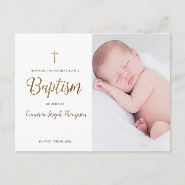 Einfache Goldkreuz Weißes Foto Kindertaufe Postkarte (Vorderseite)