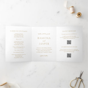 Einfache Goldkühne QR Code Moderne Hochzeit Dreifach Gefaltete Einladung