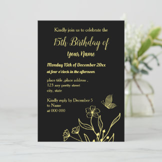 Einfache Goldschmetterlinge, schwarzer Geburtstag Einladung