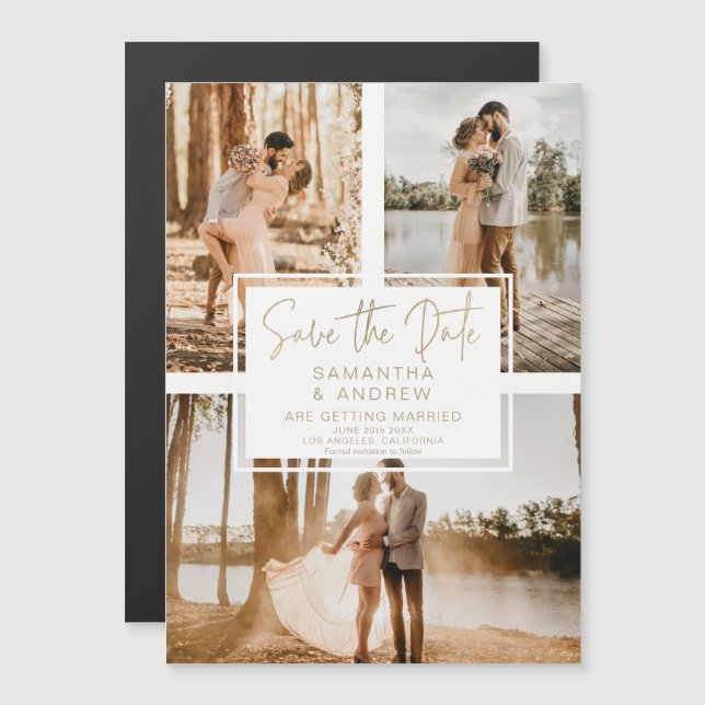 Einfache Goldumhüllung Save the Date 3 Foto Magnetkarte (Vorne/Hinten)