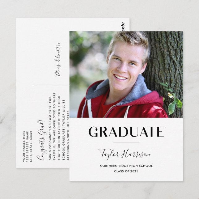 Einfache Graduate Black & White 2023 Abschluss Postkarte (Vorne/Hinten)