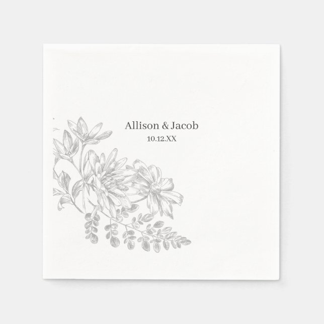 Einfache graue Blumenlinie Zeichnend Serviette (Vorderseite)