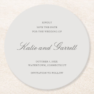 Einfache graue Save-the-Date-Karte in Solid-Farbe Runder Pappuntersetzer