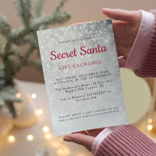 Einfache graue Schneeflocken Geheimnis Santa Party Einladung (Von Creator hochgeladen)