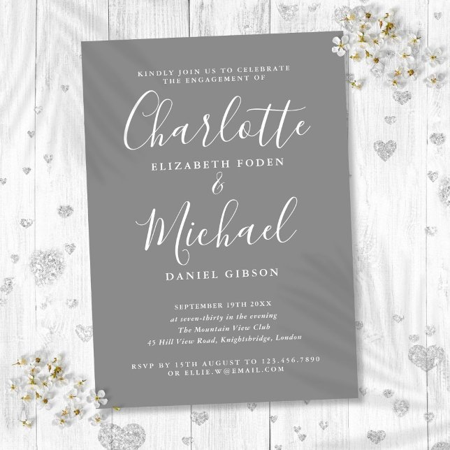 Einfache Graue Signatur-Script-Engagement-Partei Einladung (Simple Grey Signature Script Engagement Party Invitation)