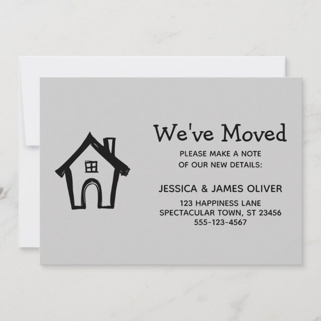 Einfache graue "We ve Moved" Karte mit Kleinem Hau (Vorderseite)