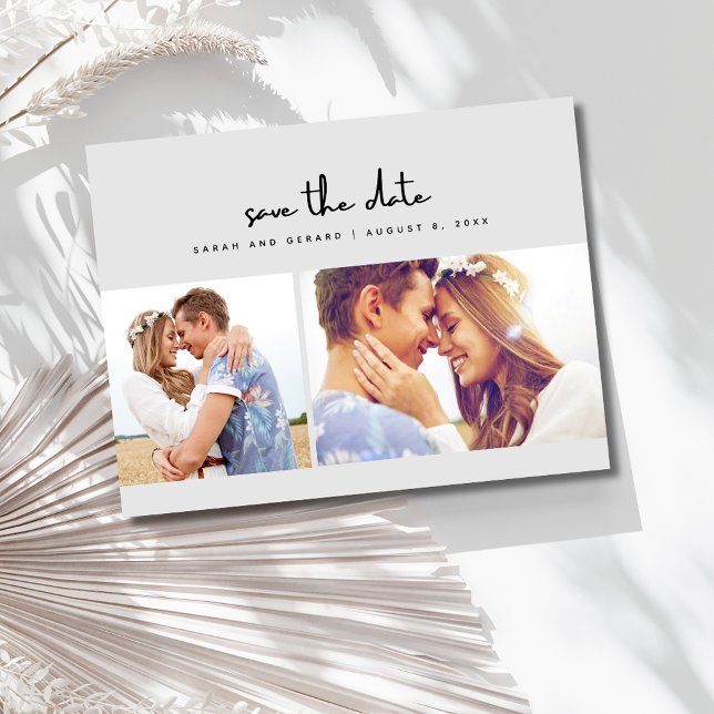 Einfache, graue Zwei-Foto-Hochzeit speichern Sie d Ankündigungspostkarte (Simple Gray Two Photo Wedding Save the Date Postcard)