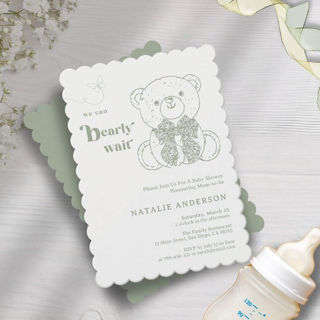 Einfache grüne Bow, die wir frühzeitig abwarten kö Einladung (Simple Green Bow We Can Bearly Wait Baby Shower Invitation)