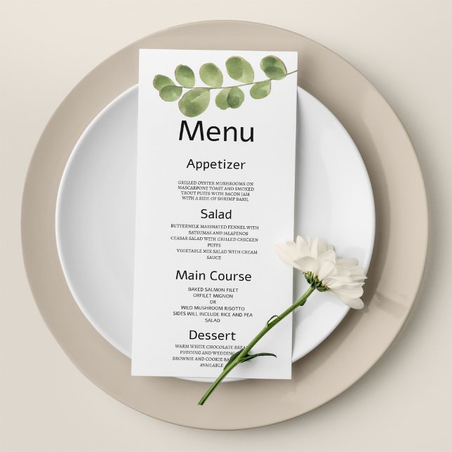 Einfache, grüne Eukalyptus-Blätter für Hochzeiten Programm (Simple green gold eucalyptus leaves Wedding Menu )
