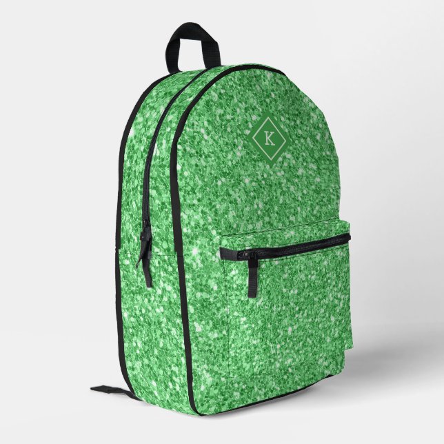 Einfache grüne Farbe Glitzer Textur | Monogramm Bedruckter Rucksack (Rückseitige Ecke links)