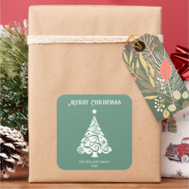 Einfache grüne frohe Weihnachtsbaum Weihnachtsgesc Quadratischer Aufkleber