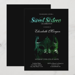 Einfache grüne Maske Schwarz Sweet 16 Einladung