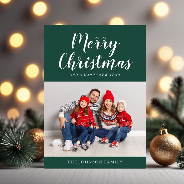 Einfache grüne Schrift Ein Foto Weihnachten (Simple Green Script One Photo Christmas Holiday Card)