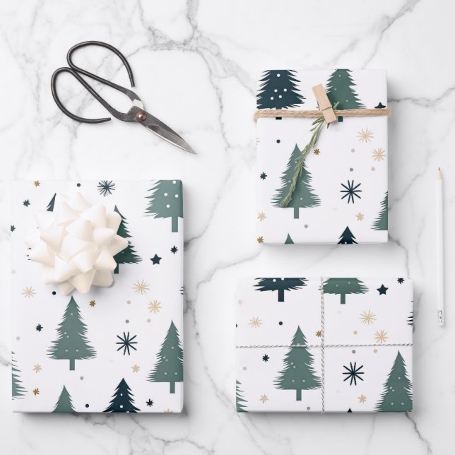 Einfache grüne Weihnachtsbaume Geschenkpapier Set (Vorderseite)