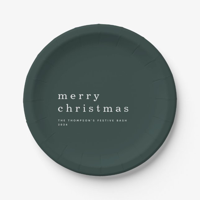 Einfache grüne weiße Typografie Frohe Weihnachten Pappteller (Vorderseite)