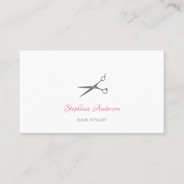 Einfache Hair Stylist-Grauschere mit rosa Script Visitenkarte (Vorderseite)
