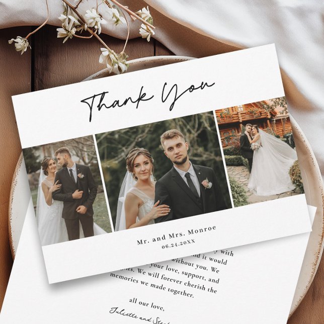 Einfache handgeschriebene Skripte 3 Foto Hochzeit Dankeskarte (Simple handwritten three photo collage wedding thank you cards.)
