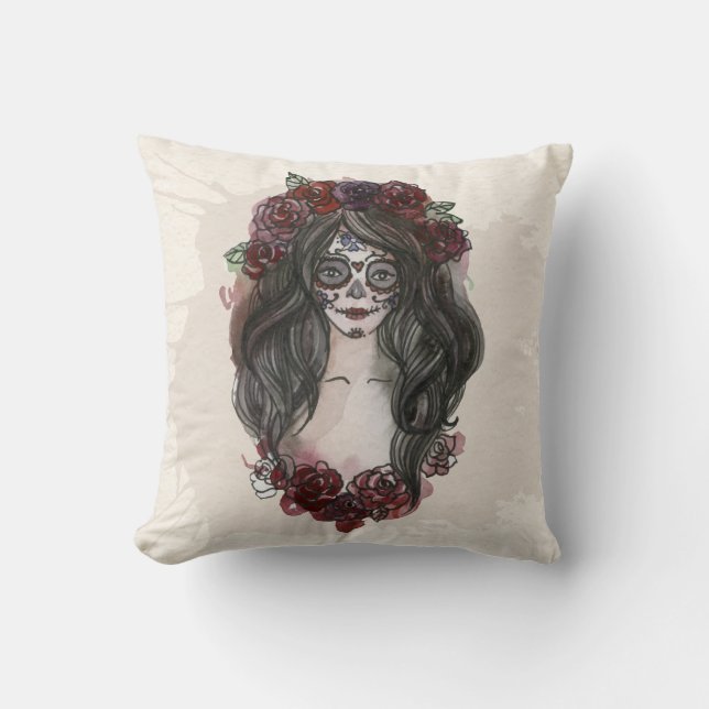 Einfache, handgezeichnet Dia de los Muertos Kissen (Vorderseite)