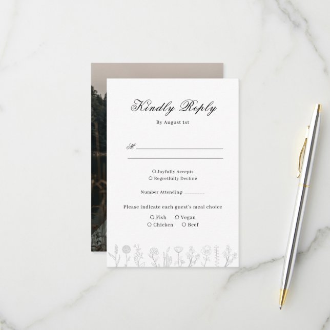 Einfache handgezeichnete Blume Foto Hochzeit RSVP Karte (Vorderseite/Rückseite Beispiel)
