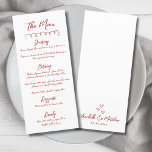 Einfache handgezeichnete, weißliche Hochzeit Menükarte<br><div class="desc">Einfache europäische Inspirierte Speisekarte für Hochzeitsgäste. Diese minimalistische Hochzeitskarte behalte das Design sauber und zeitlos und lasse das handgeschriebene Schriftzeichen. Eine schlichte rote Schnauze an der Spitze verleiht dem Ganzen einen subtilen Akzent, während die Erholung der Vorderseite Ihre Menüdetails in einem eleganten Mix aus roten Schrift- und Serif-Schriftart für einen...</div>