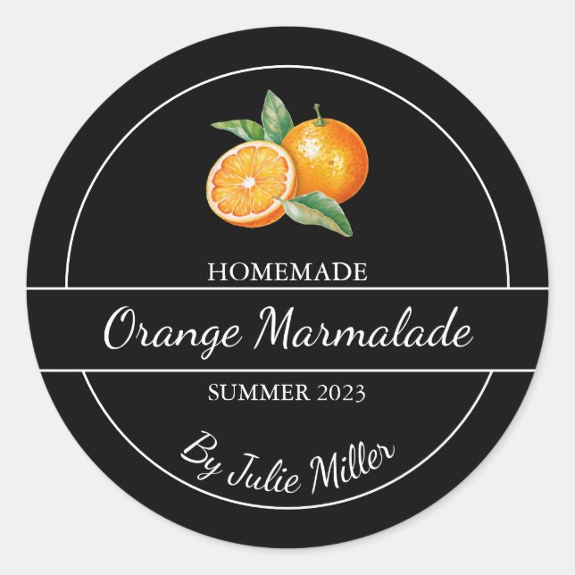 Einfache, hausgemachte Orange-Marmalade-Marke Schw Runder Aufkleber (Vorderseite)