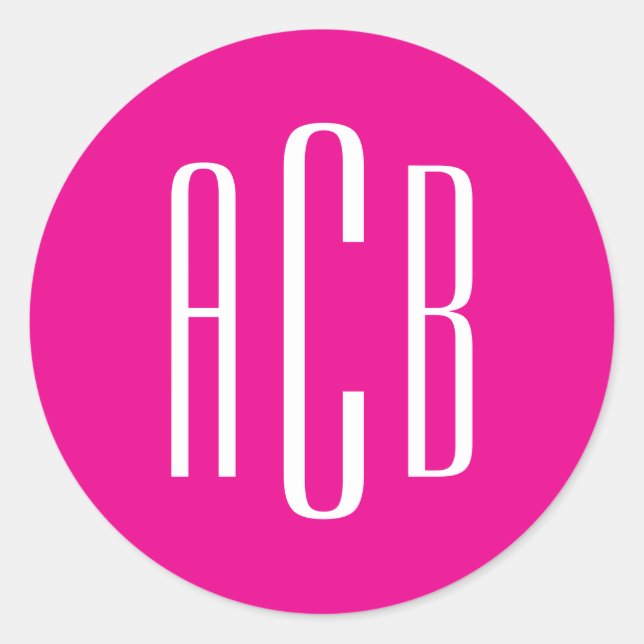 Einfache, heiße Rosa und weiße Monogramm mit drei  Runder Aufkleber (Vorderseite)