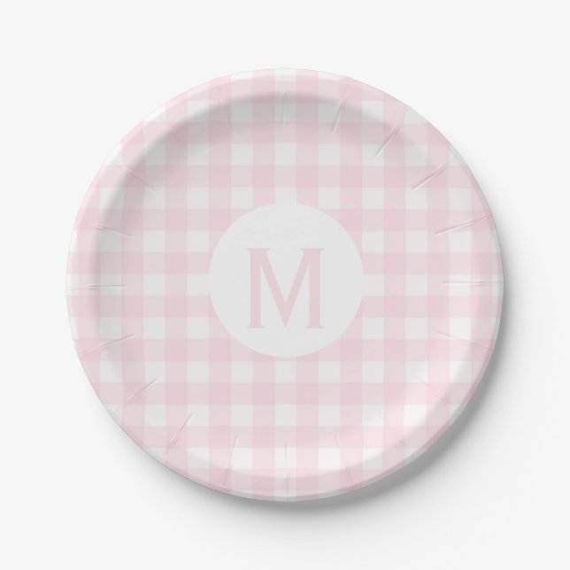 Einfache, hellrosa Gingham Monogramm Pappteller (Vorderseite)