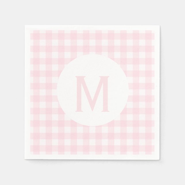 Einfache, hellrosa Gingham Monogramm Serviette (Vorderseite)