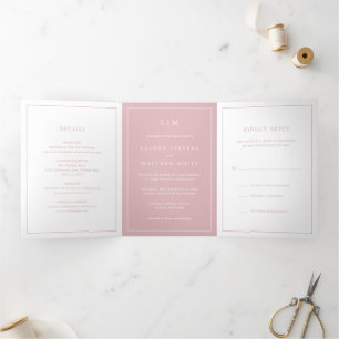 Einfache hellrosa Monogram Elegant Wedding Dreifach Gefaltete Einladung