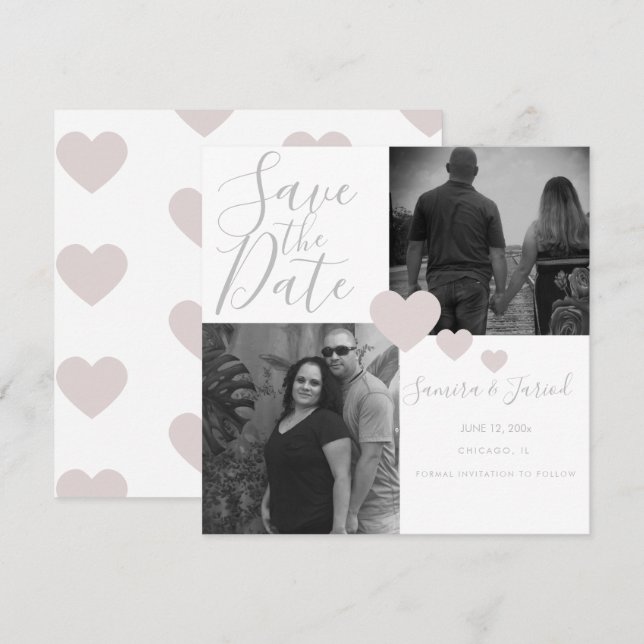 Einfache Herz-Pink-Grau Foto Collage Card (Vorne/Hinten)