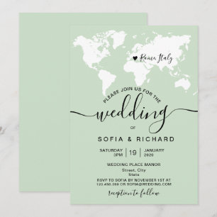 Einfache Hochzeit am Traumziel Weltkarte Aquarell Einladung